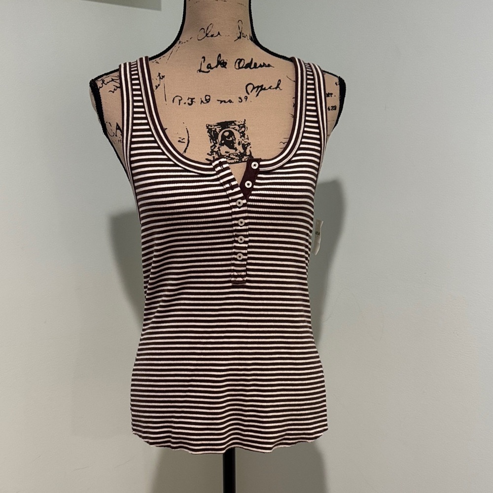 Aerie size Large Striped Scoop Neck Henley Tank Top - Black & White